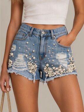 Pearl-Embellished Distressed Denim Shorts - Blue